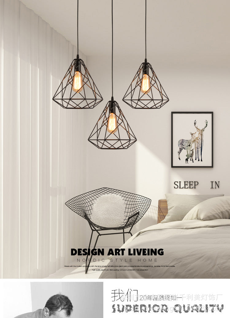 Vintage Metal Diamond Cage Pendant Light For Dinning Room - Black