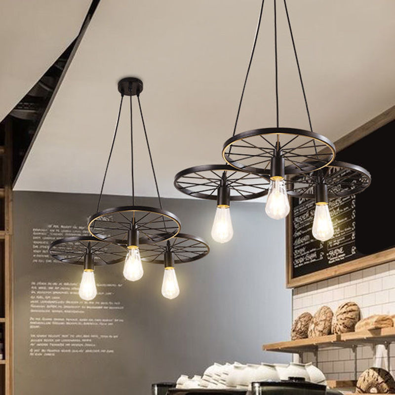 Vintage Black Metal Wagon Wheel Hanging Pendant Light For Coffee Shop Suspension
