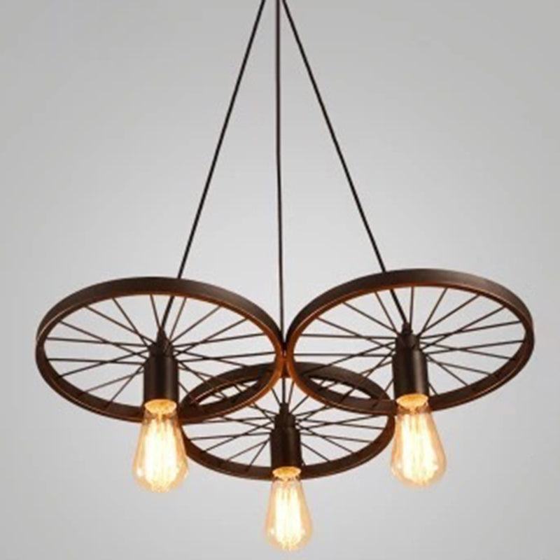 Vintage Black Metal Wagon Wheel Hanging Pendant Light For Coffee Shop Suspension 3 / Matte