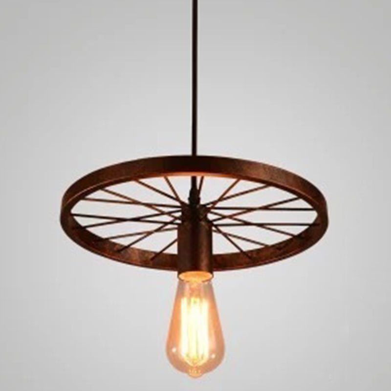 Vintage Black Metal Wagon Wheel Hanging Pendant Light For Coffee Shop Suspension 1 / Rust