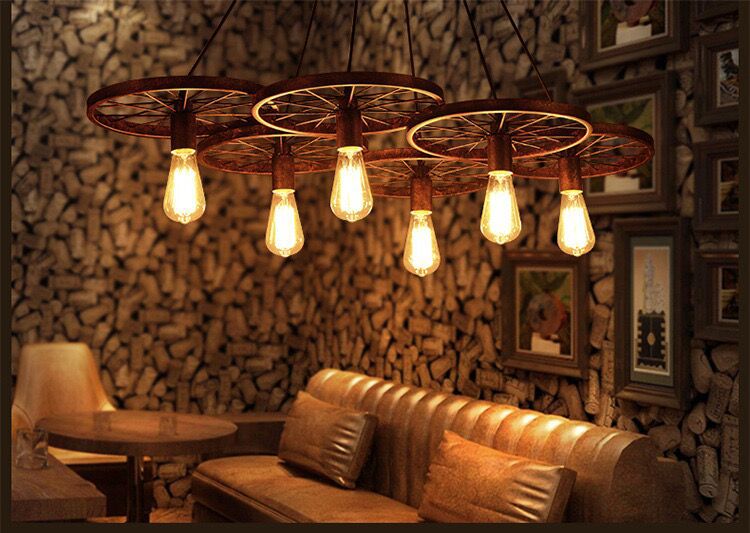 Vintage Black Metal Wagon Wheel Hanging Pendant Light For Coffee Shop Suspension