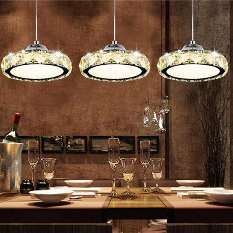 Contemporary Led Crystal Disc Pendant Light In Silver With Suspension
