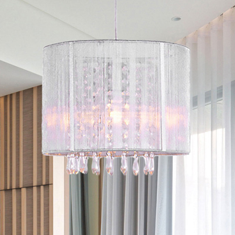 Silver Drum Hanging Lamp with Clear Crystal Prism - Modern 1 Light Pendant Fixture