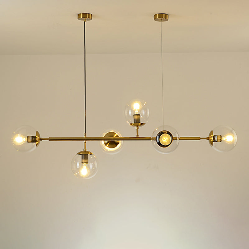 Modern Gold Metal Island Pendant Lighting With 6 Lights And Spherical Glass For Dining Table
