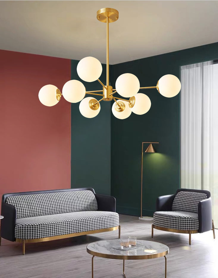Gold Metal Hanging Chandelier With Opal Glass Shade For Bedroom