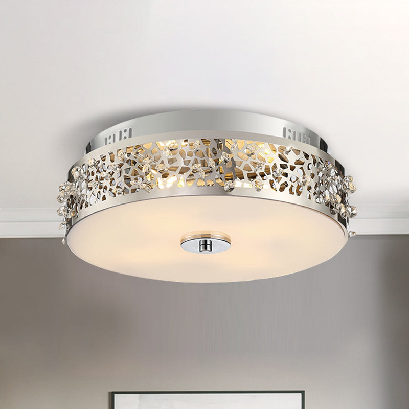 Metallic Drum Flush Lamp with Crystal Accents - 4-Light Contemporary Ceiling Flush Mount