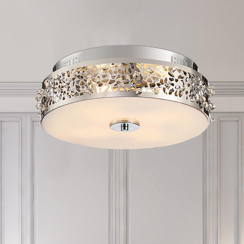 Metallic Drum Flush Lamp with Crystal Accents - 4-Light Contemporary Ceiling Flush Mount