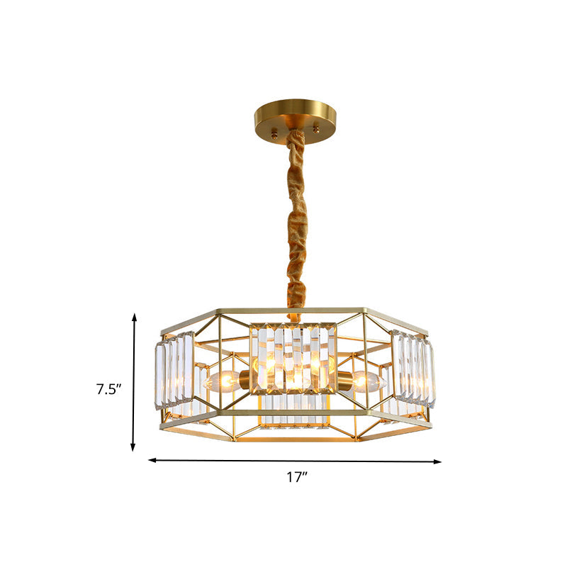 Modern Hexagon Metal Frame Hanging Light with Crystal Block - 3-Head Gold Ceiling Fixture