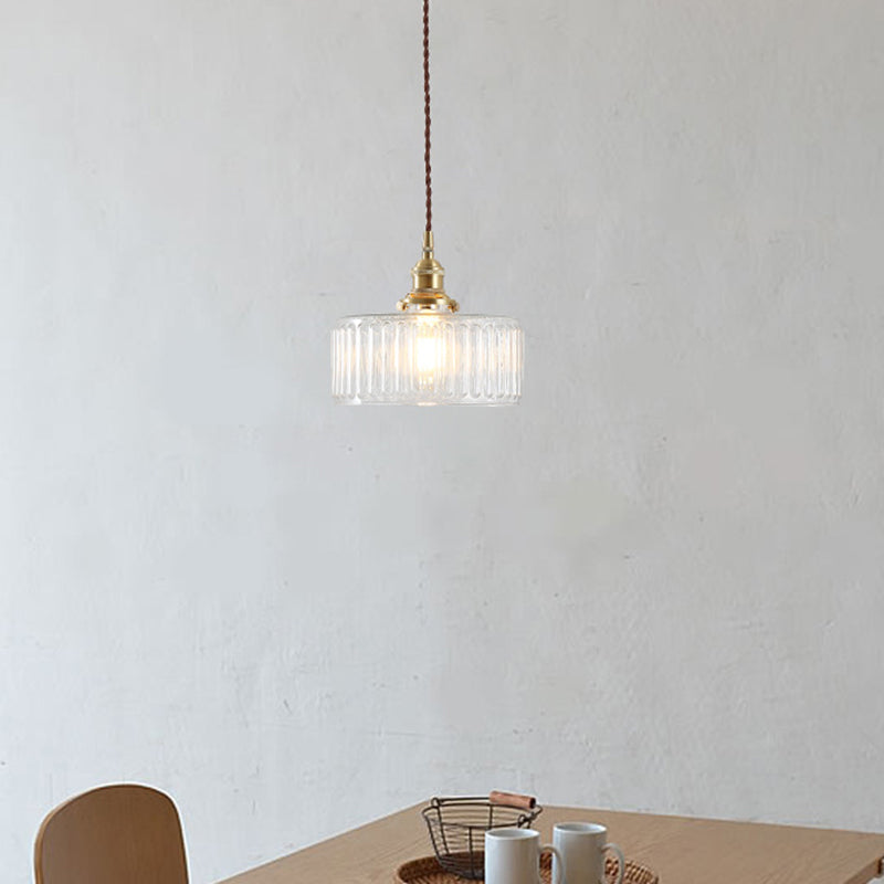 Clear Ribbed Glass Drum Pendant Lighting - Vintage 1-Light Lamp For Living Room