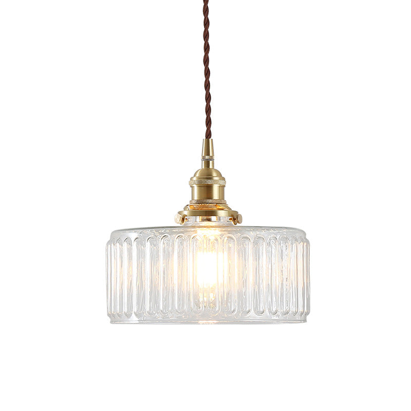 Clear Ribbed Glass Drum Pendant Lighting - Vintage 1-Light Lamp For Living Room