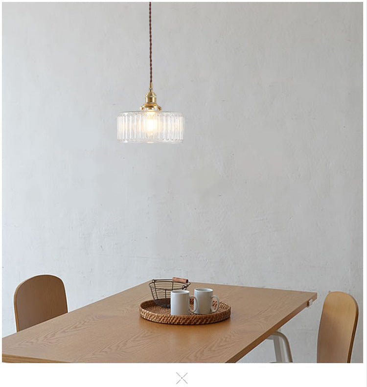 Clear Ribbed Glass Drum Pendant Lighting - Vintage 1-Light Lamp For Living Room