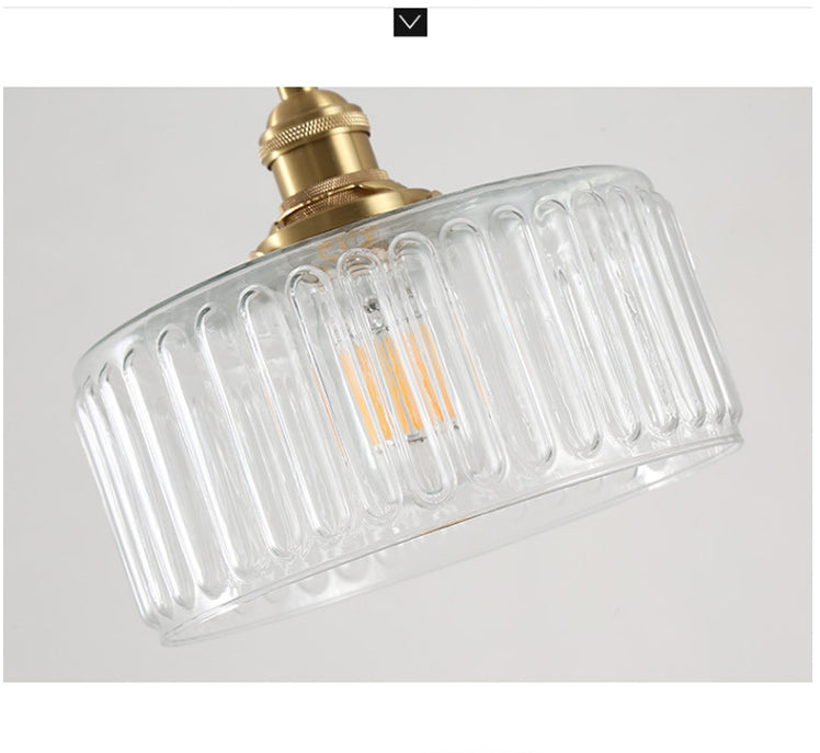 Clear Ribbed Glass Drum Pendant Lighting - Vintage 1-Light Lamp For Living Room