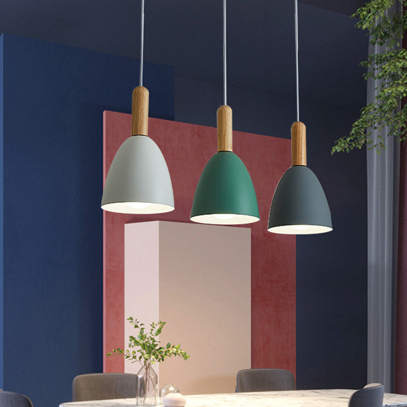 Macaroon Wood Dome Pendant Light Fixture - 3-Light Hanging Lamp For Living Room