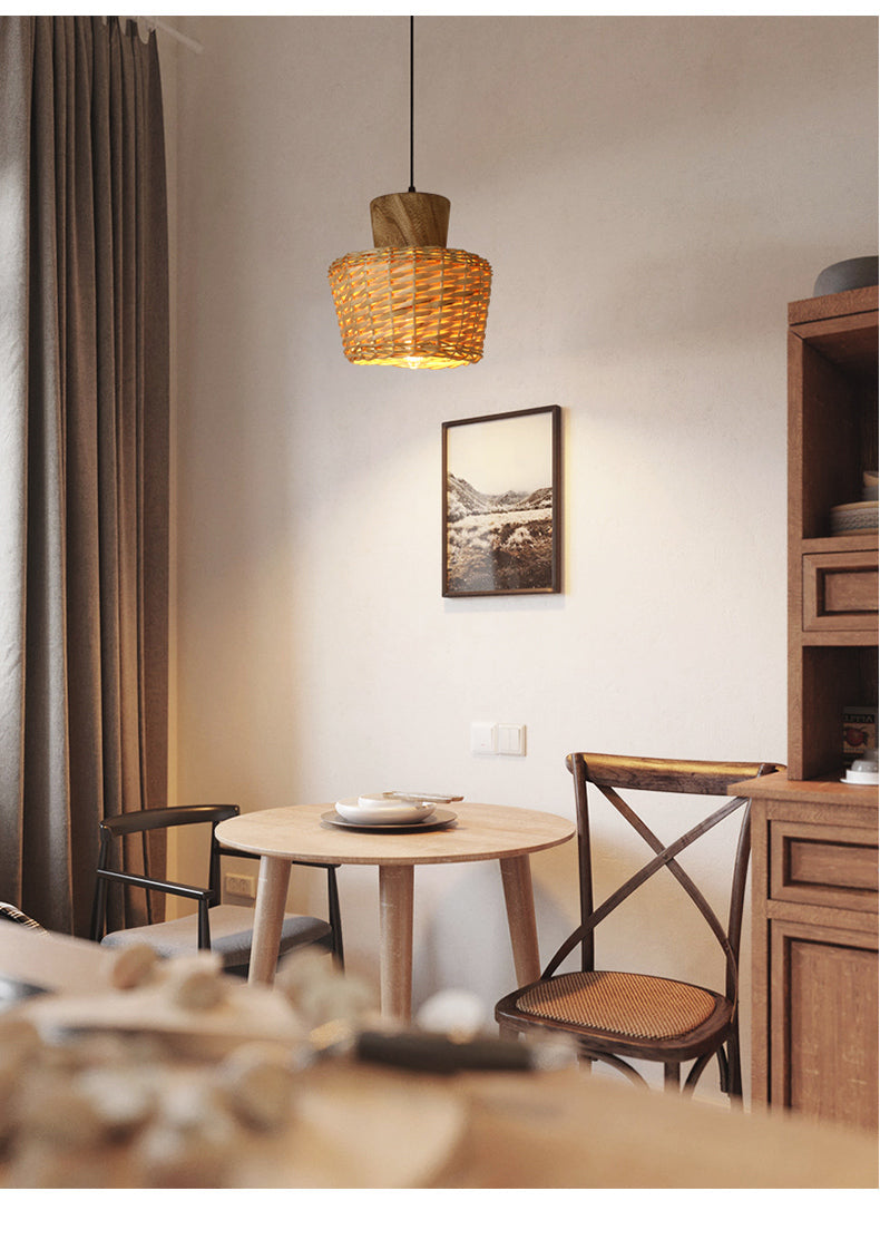 Bamboo Weave Pendant Light - Asian Style 1-Light Wooden Hanging Lamp For Bedroom