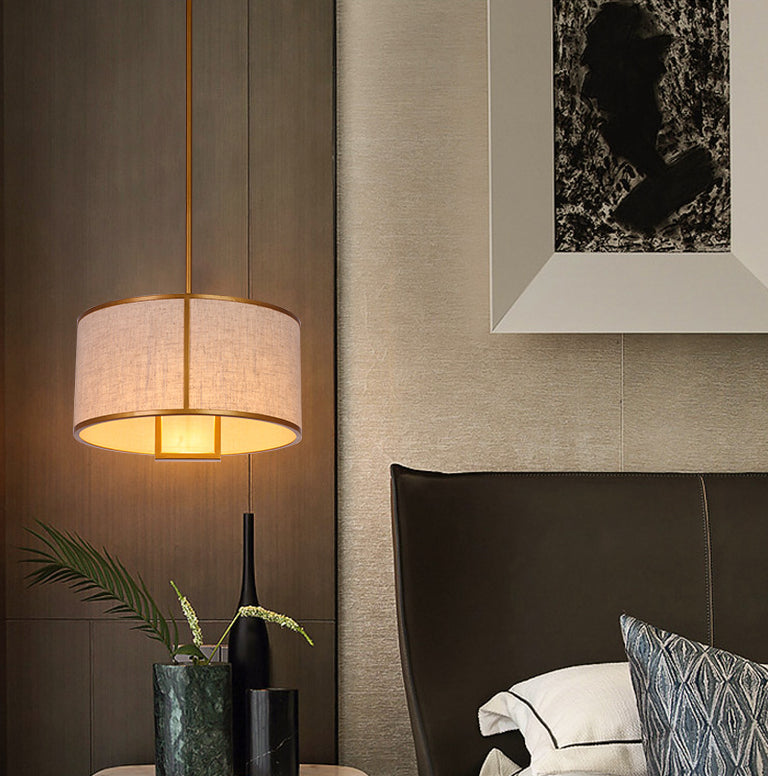 Minimalist Single-Light Fabric Drum Pendant For Living Room With 47 Carbon Steel Rod