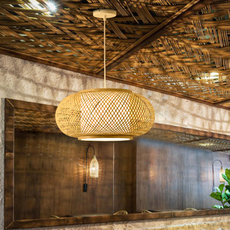 Asian Style Bamboo & Rattan Weaving Drum Pendant Lamp Beige