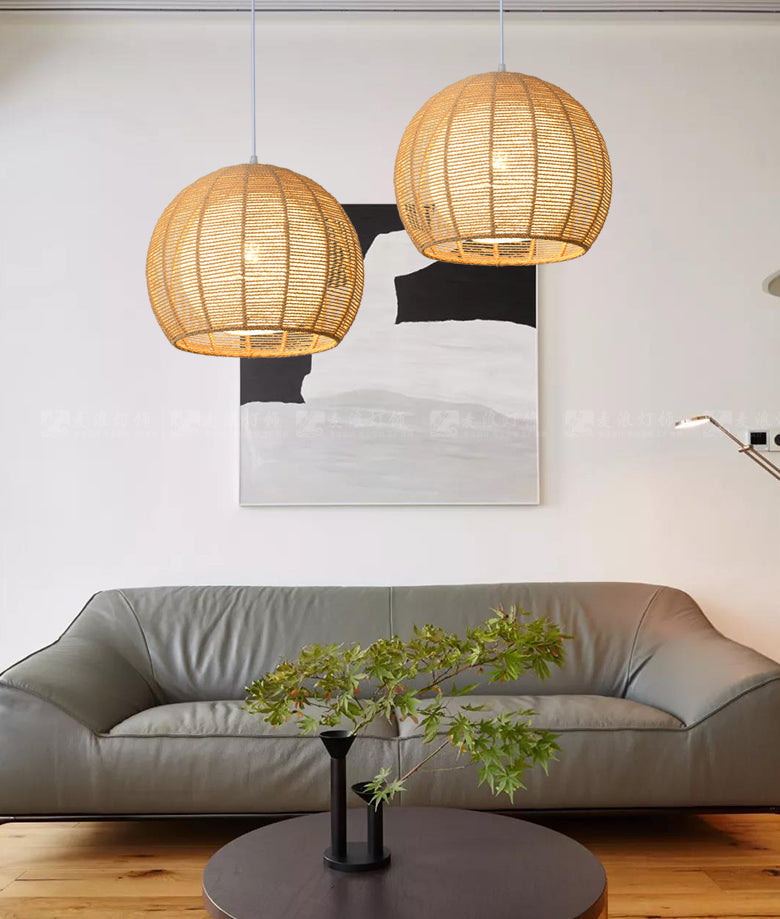 Simplicity Single Light Japanese Pendant Lamp With Double Rattan Shade - Beige/Coffee