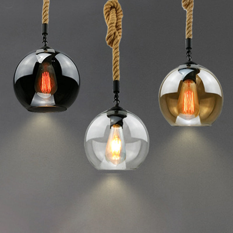 Industrial Hemp Rope Pendant Light With Rustic Globe Glass Shade For Kitchen Restaurant And Foyer