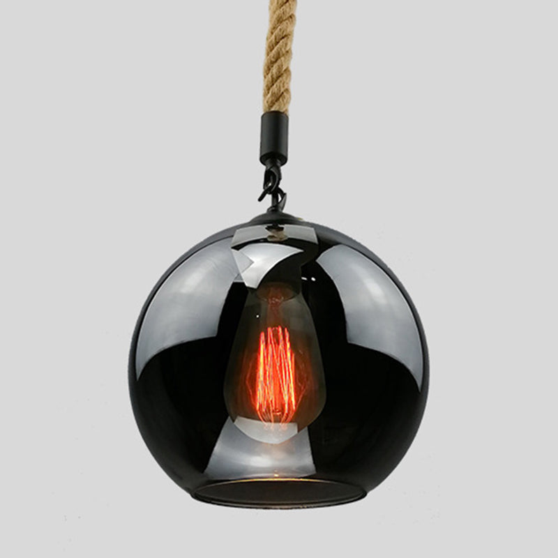 Industrial Hemp Rope Pendant Light With Rustic Globe Glass Shade For Kitchen Restaurant And Foyer
