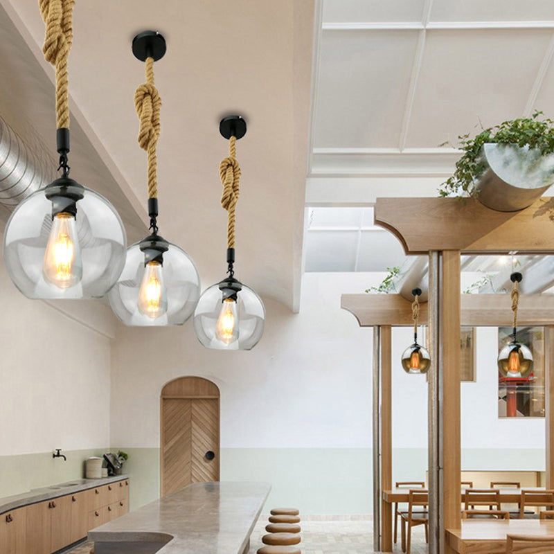 Industrial Hemp Rope Pendant Light With Rustic Globe Glass Shade For Kitchen Restaurant And Foyer