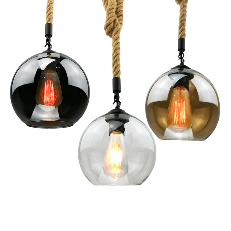 Industrial Hemp Rope Pendant Light With Rustic Globe Glass Shade For Kitchen Restaurant And Foyer