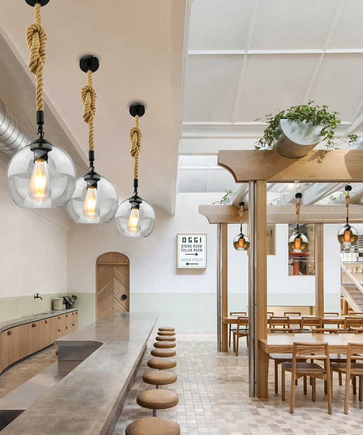 Industrial Hemp Rope Pendant Light With Rustic Globe Glass Shade For Kitchen Restaurant And Foyer