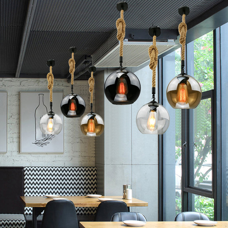 Industrial Hemp Rope Pendant Light With Rustic Globe Glass Shade For Kitchen Restaurant And Foyer