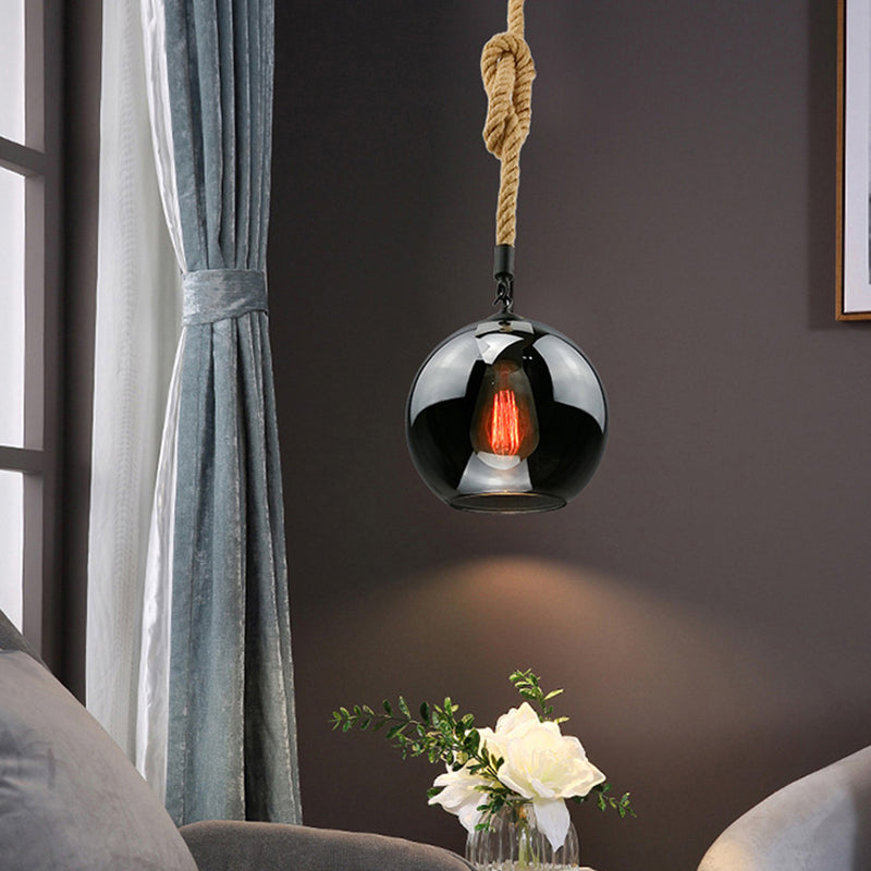 Industrial Hemp Rope Pendant Light With Rustic Globe Glass Shade For Kitchen Restaurant And Foyer
