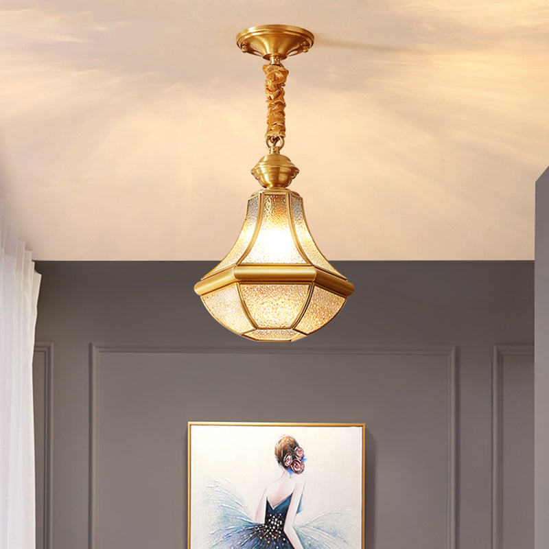 Colonial Brass Hanging Glass Jar Shade Pendant Light Fixture For Bedroom - Single Bulb Decorative