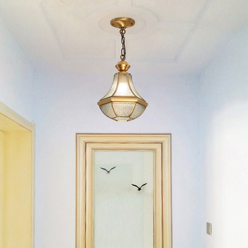 Colonial Brass Hanging Glass Jar Shade Pendant Light Fixture For Bedroom - Single Bulb Decorative