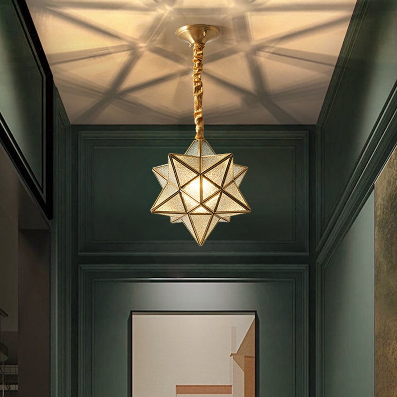 Antique Brass Star Shade Glass Pendant Lamp - Vintage Hanging Light For Hallway With Adjustable