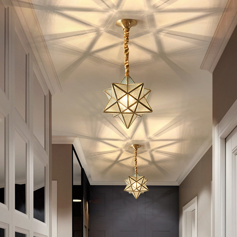 Antique Brass Star Shade Glass Pendant Lamp - Vintage Hanging Light For Hallway With Adjustable