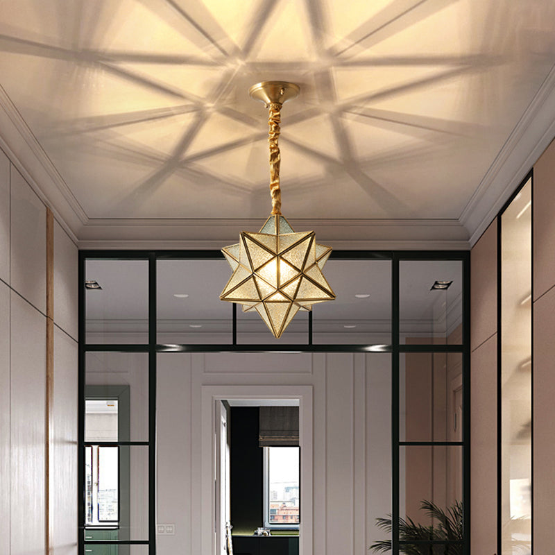 Antique Brass Star Shade Glass Pendant Lamp - Vintage Hanging Light For Hallway With Adjustable