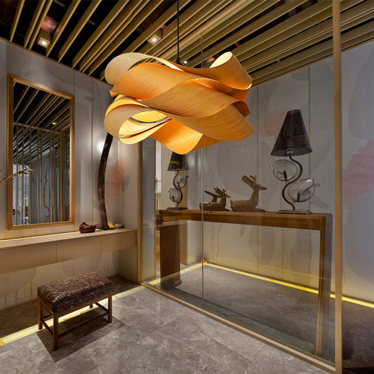 Sleek Wooden Veneer Suspension Pendant Light - Modern Simplicity Style For Restaurants & Coffee