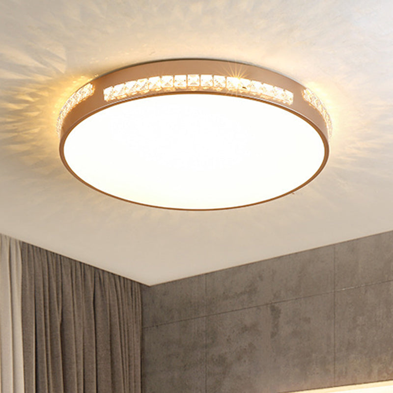 LED Bedroom Ceiling Light Fixture - Gold Flush Mount with Crystal Drum Shade (18”/21.5”) - Warm/3 Color Light