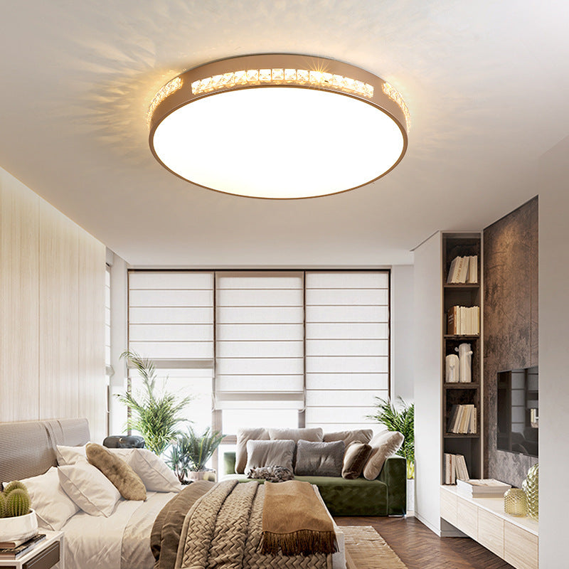 LED Bedroom Ceiling Light Fixture - Gold Flush Mount with Crystal Drum Shade (18”/21.5”) - Warm/3 Color Light