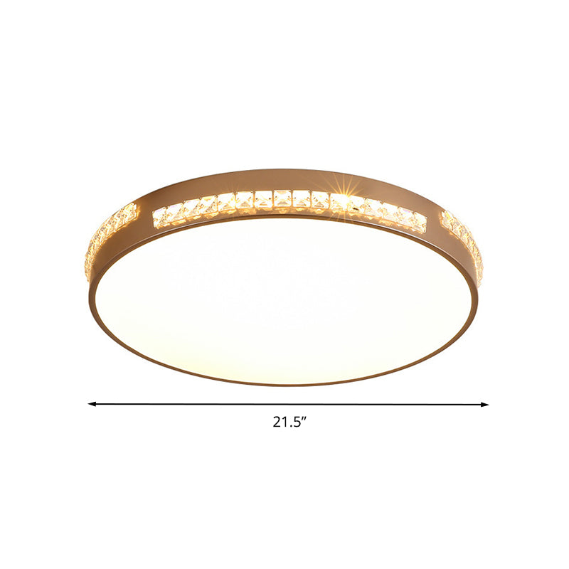 LED Bedroom Ceiling Light Fixture - Gold Flush Mount with Crystal Drum Shade (18”/21.5”) - Warm/3 Color Light