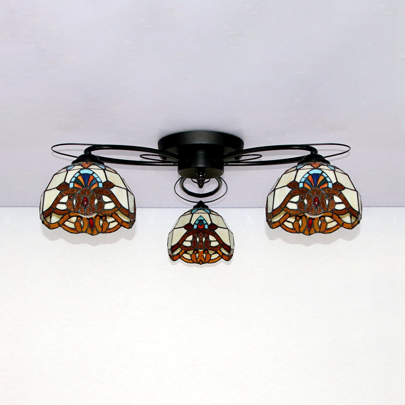 Victorian Stained Glass Ceiling Fixture - Dome Shape, Black Flush Mount with 3 Lights