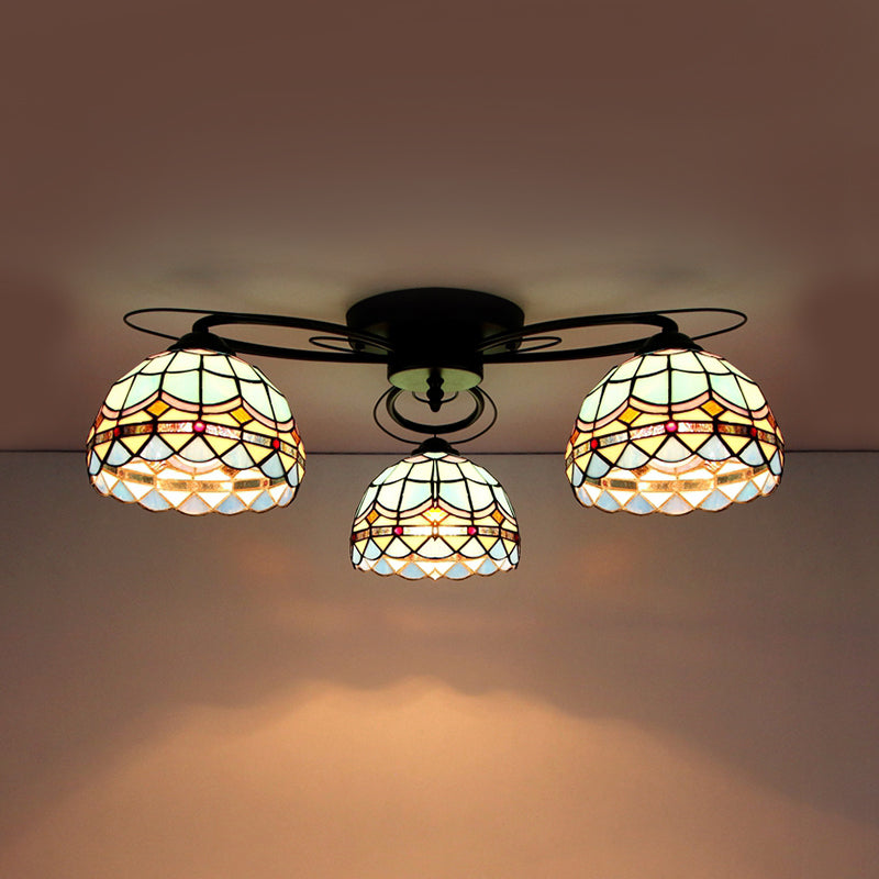 Victorian Stained Glass Ceiling Fixture - Dome Shape, Black Flush Mount with 3 Lights