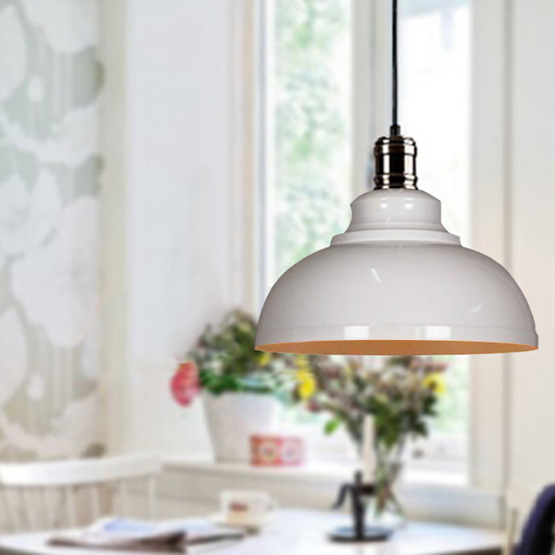 Plafonnier suspendu métallique de style industriel - 12"/14"/16" de diamètre, 1 lampe, abat-jour en forme de bol, intérieur noir/blanc
