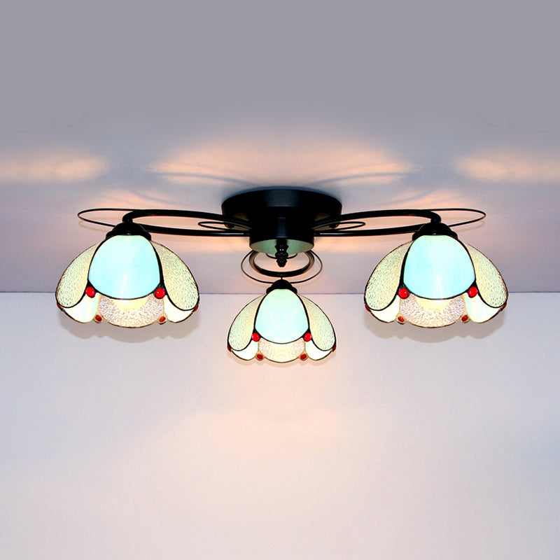 Victorian Stained Glass Ceiling Fixture - Dome Shape, Black Flush Mount with 3 Lights