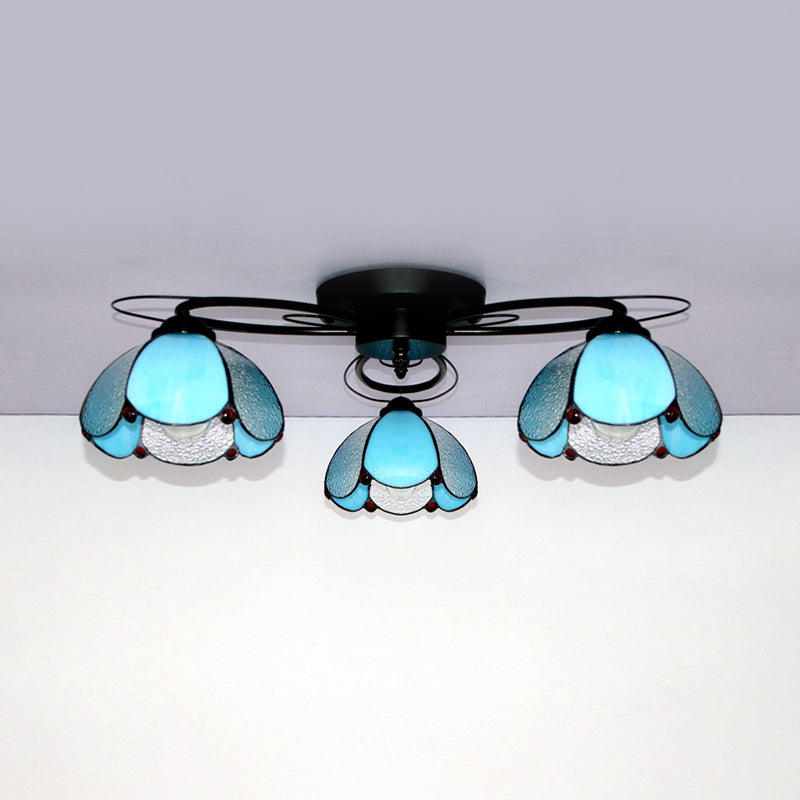 Victorian Stained Glass Ceiling Fixture - Dome Shape, Black Flush Mount with 3 Lights