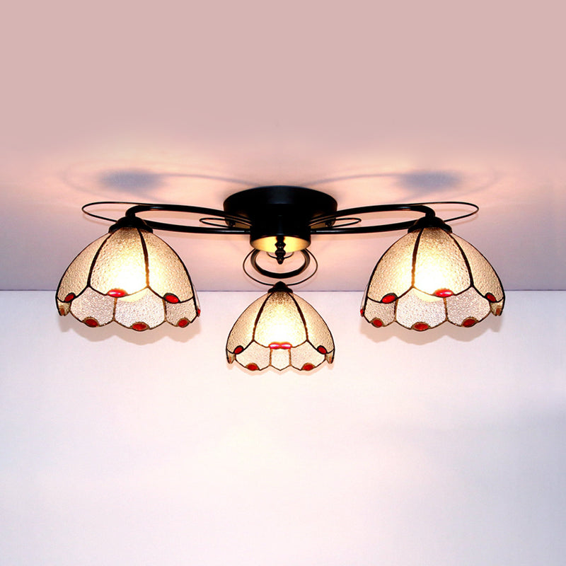 Victorian Stained Glass Ceiling Fixture - Dome Shape, Black Flush Mount with 3 Lights