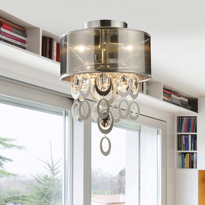 Vintage Silver Flush Mount Ceiling Light with Draping Ring - 2-Bulb Circular Fixture