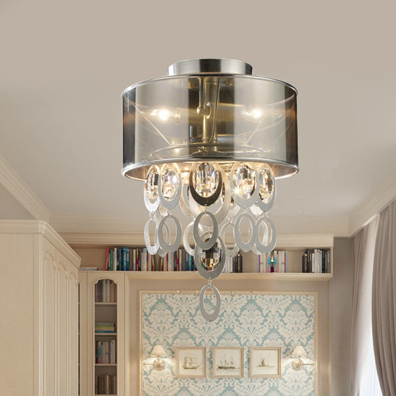 Vintage Silver Flush Mount Ceiling Light with Draping Ring - 2-Bulb Circular Fixture