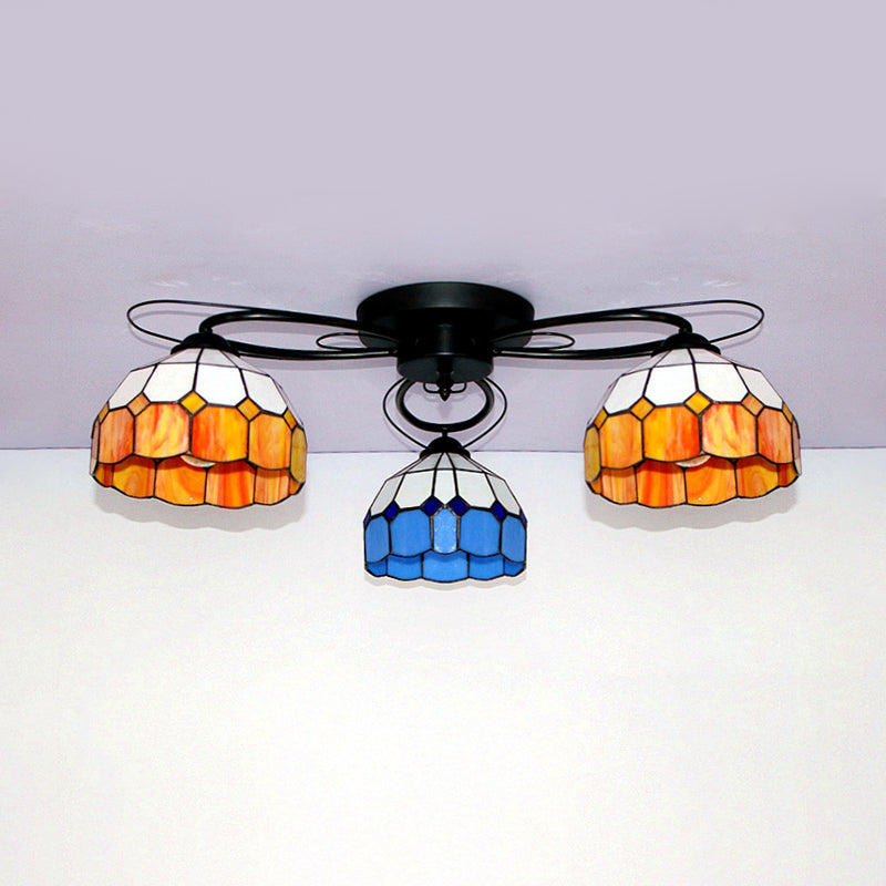 Victorian Stained Glass Ceiling Fixture - Dome Shape, Black Flush Mount with 3 Lights