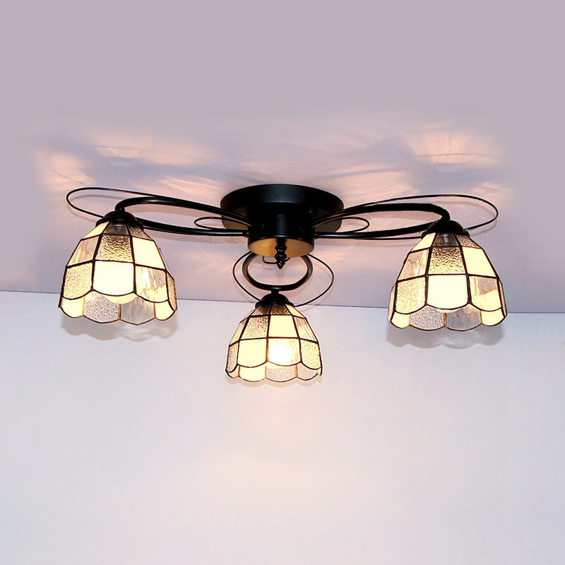 Victorian Stained Glass Ceiling Fixture - Dome Shape, Black Flush Mount with 3 Lights