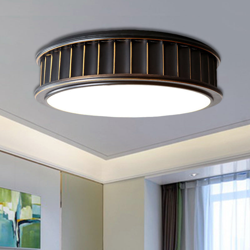 Black Ribbed Round Flush Lamp - Minimalist Iron Surface Mounted LED Ceiling Light with Warm Light
