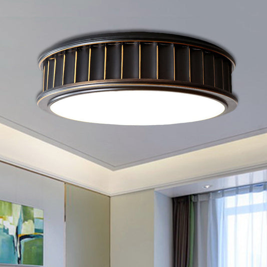 Black Ribbed Round Flush Lamp - Minimalist Iron Surface Mounted LED Ceiling Light with Warm Light