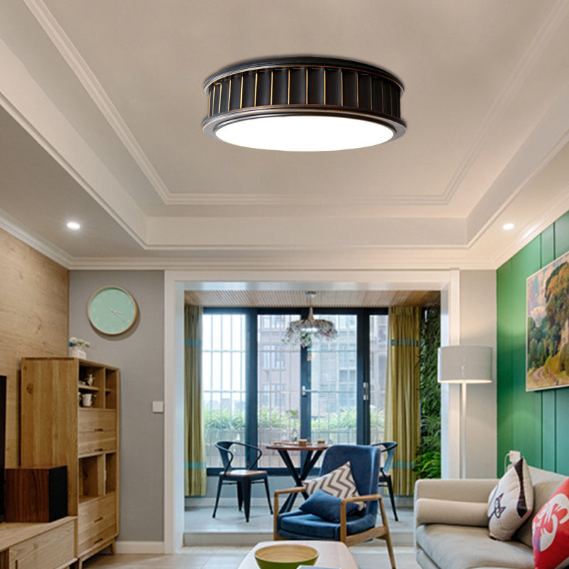 Black Ribbed Round Flush Lamp - Minimalist Iron Surface Mounted LED Ceiling Light with Warm Light